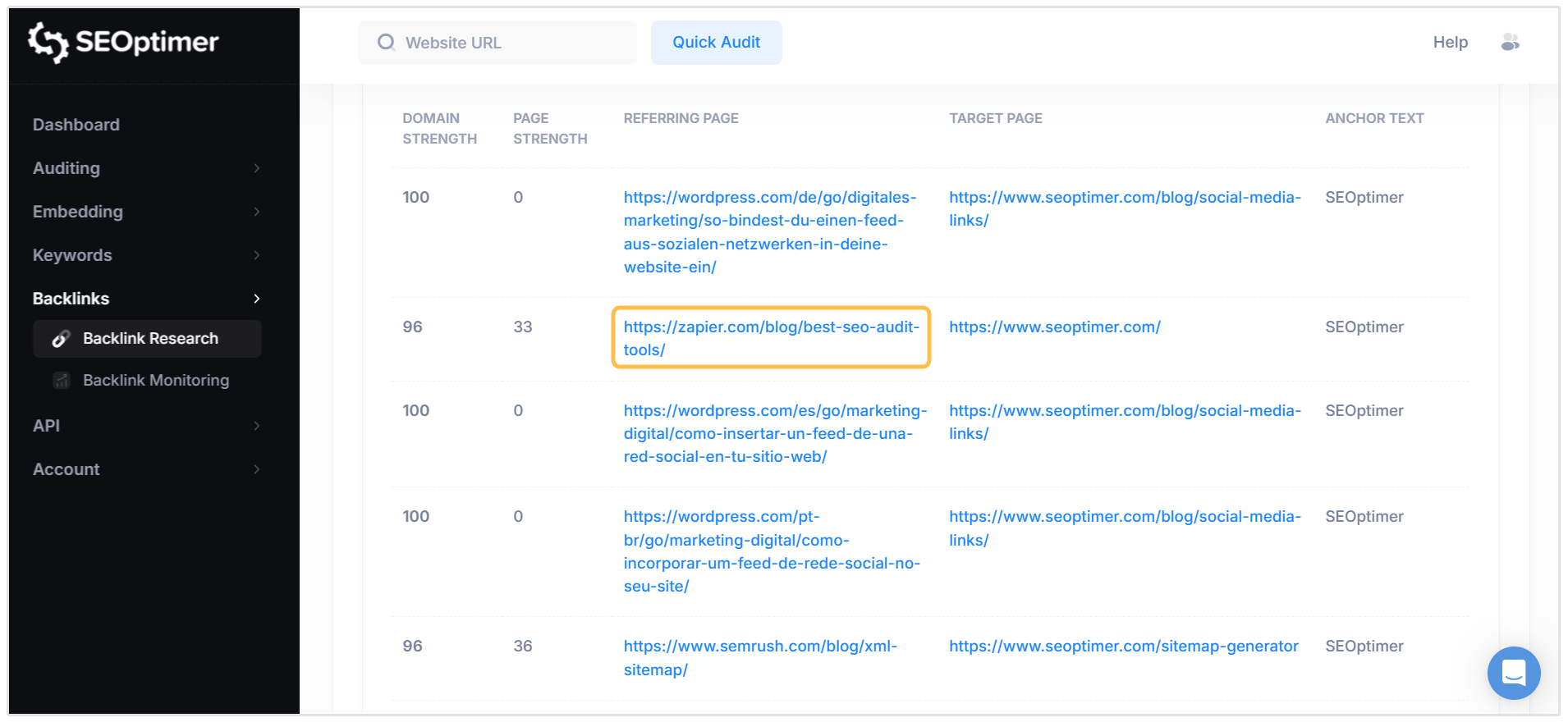 SEOptimer Zapier reffering page